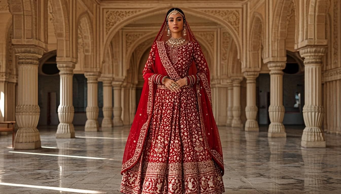 Bride wearing royal red bridal lehenga from House of Radhya Kharar